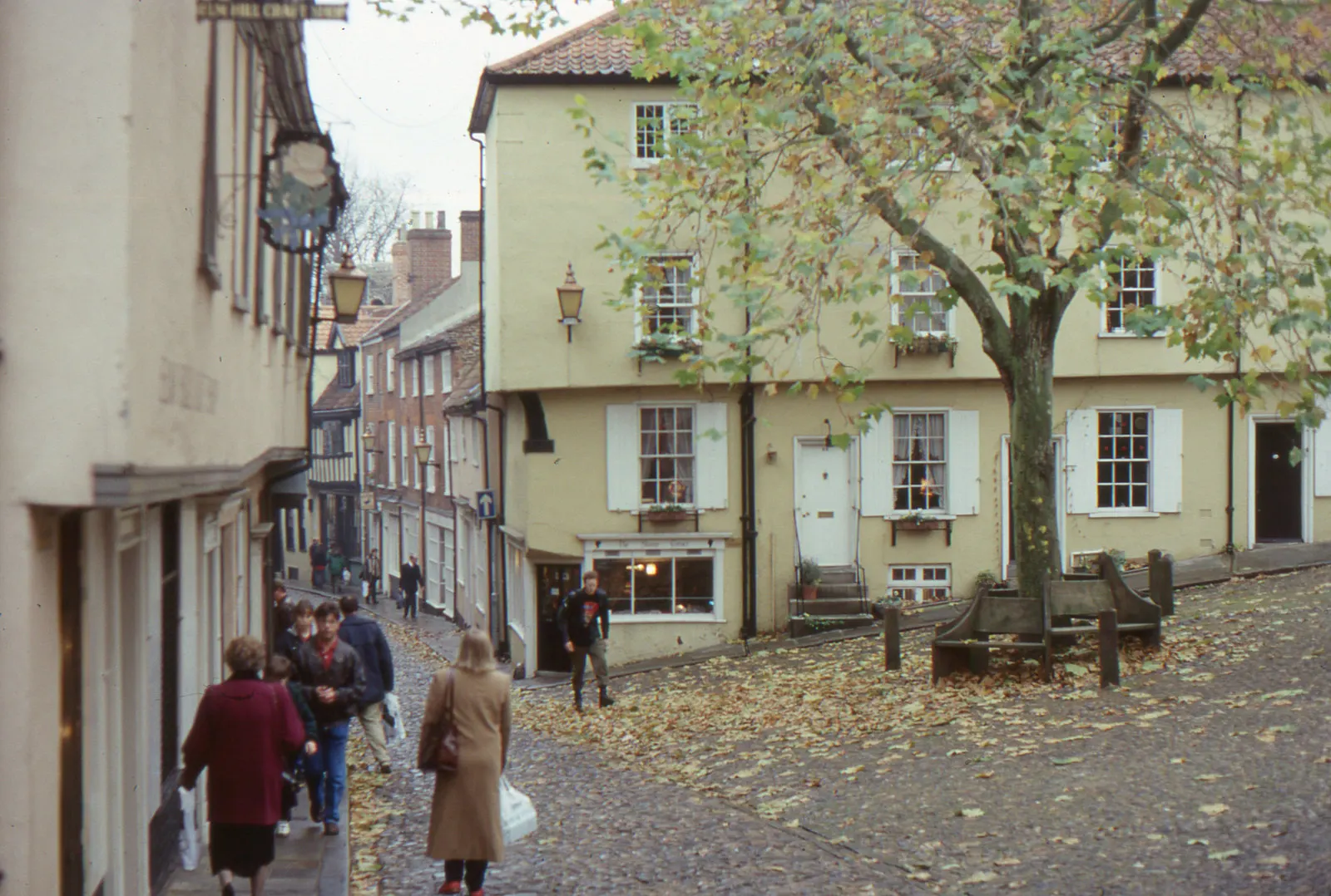 Cobbled Elm Hill in Norwich, lined with historic timber and brick houses under autumn trees